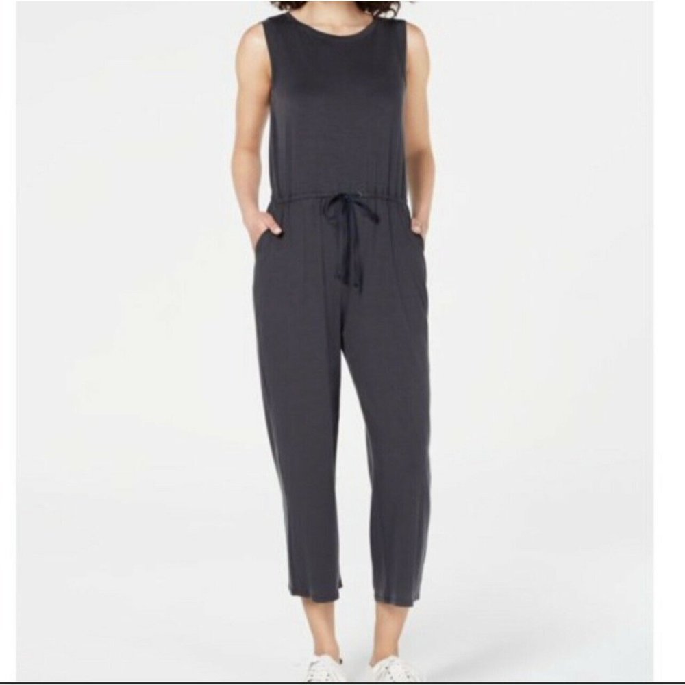 Eileen Fisher Sleeveless Tie Waist Slouchy Jumpsuit Size M Black Pockets Relaxed